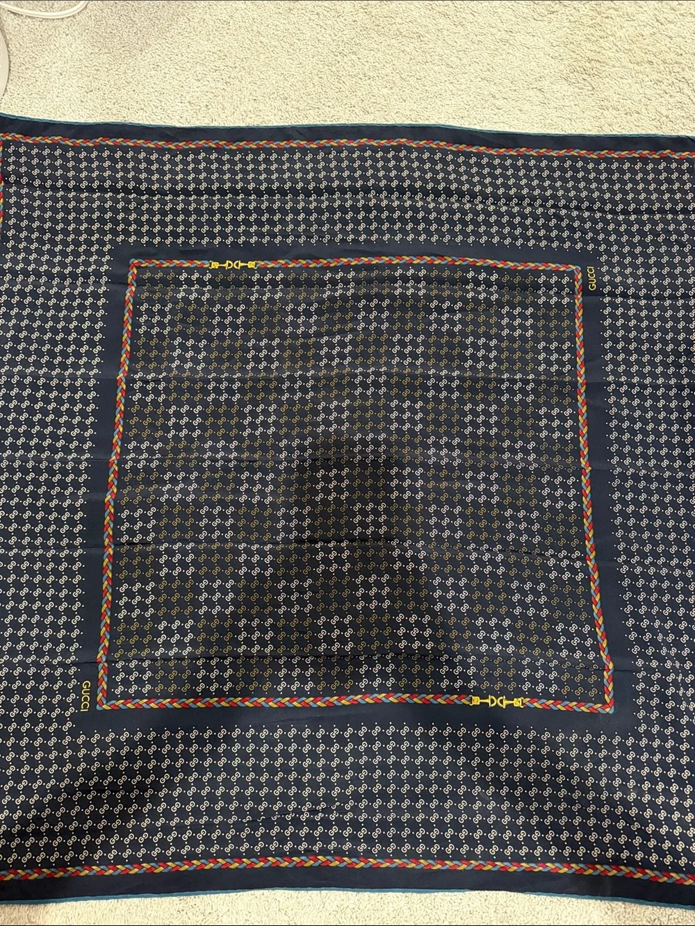 Vintage Gucci Black Silk Square Scare with Red, Green and Yellow Trim
